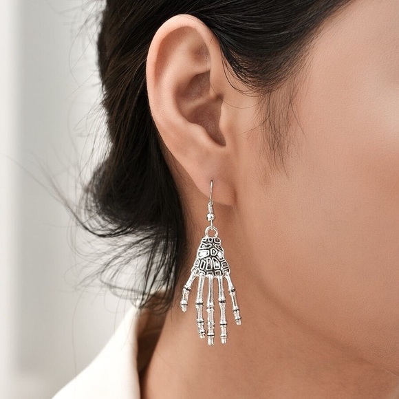 Any 2/$20! Antiqued Silver Skeleton Hand Earrings - Picture 2 of 8